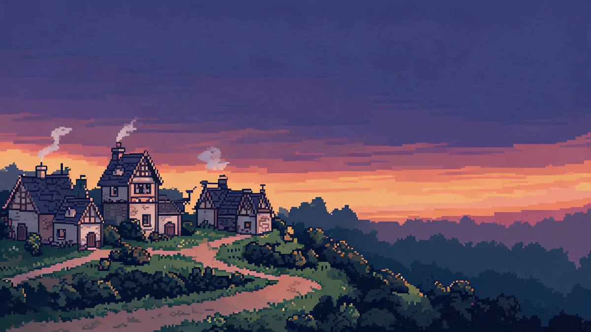 A pixel-art village at dusk with clearly visible square pixels and a limited colour palette