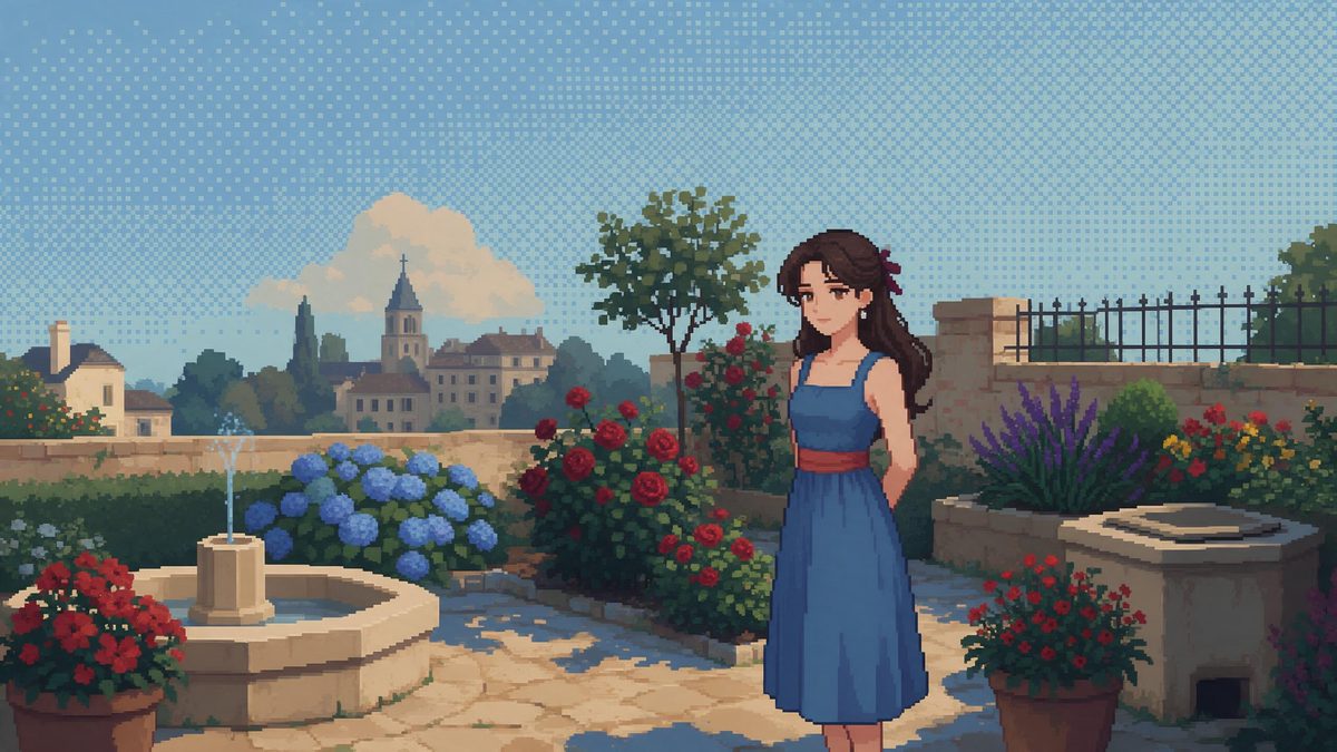 A pixel-art rendering of a woman in a small garden with clearly visible square pixels and a limited palette
