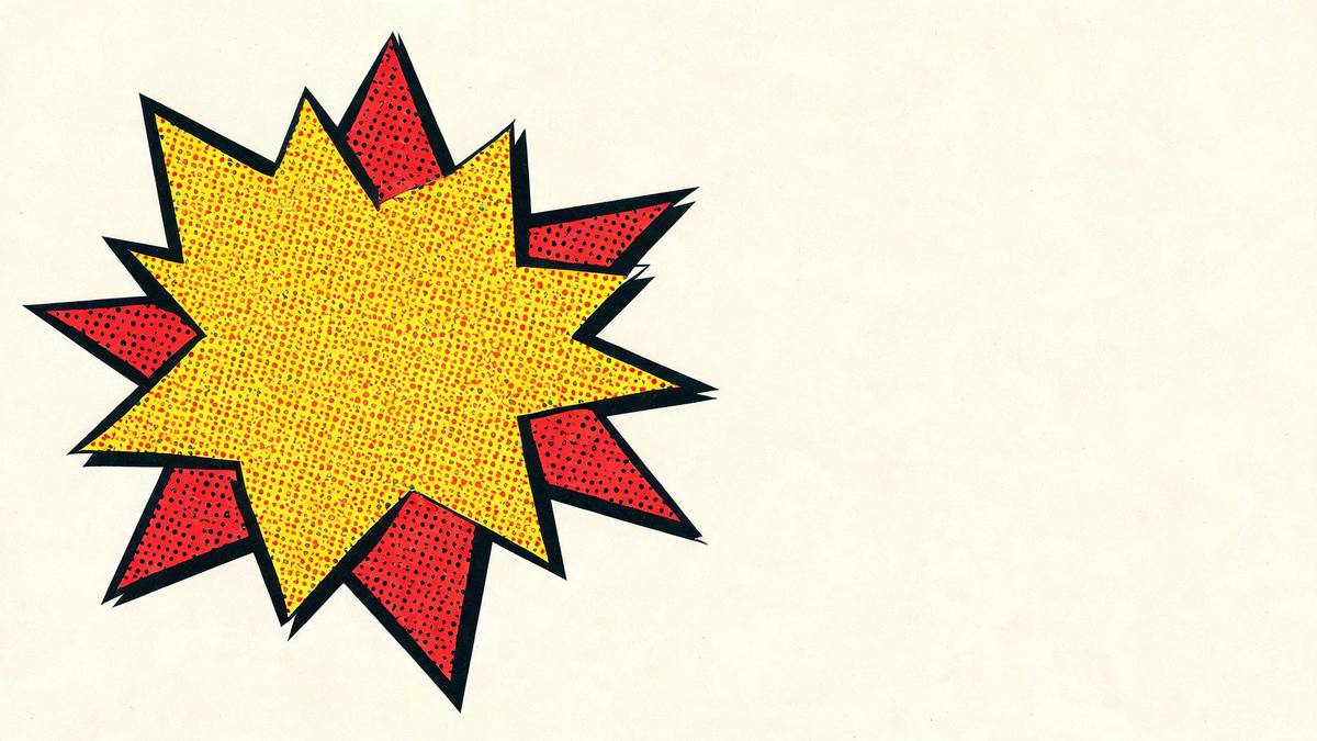 A pop-art burst shape in flat yellow and red with thick black outlines and Ben-Day dots