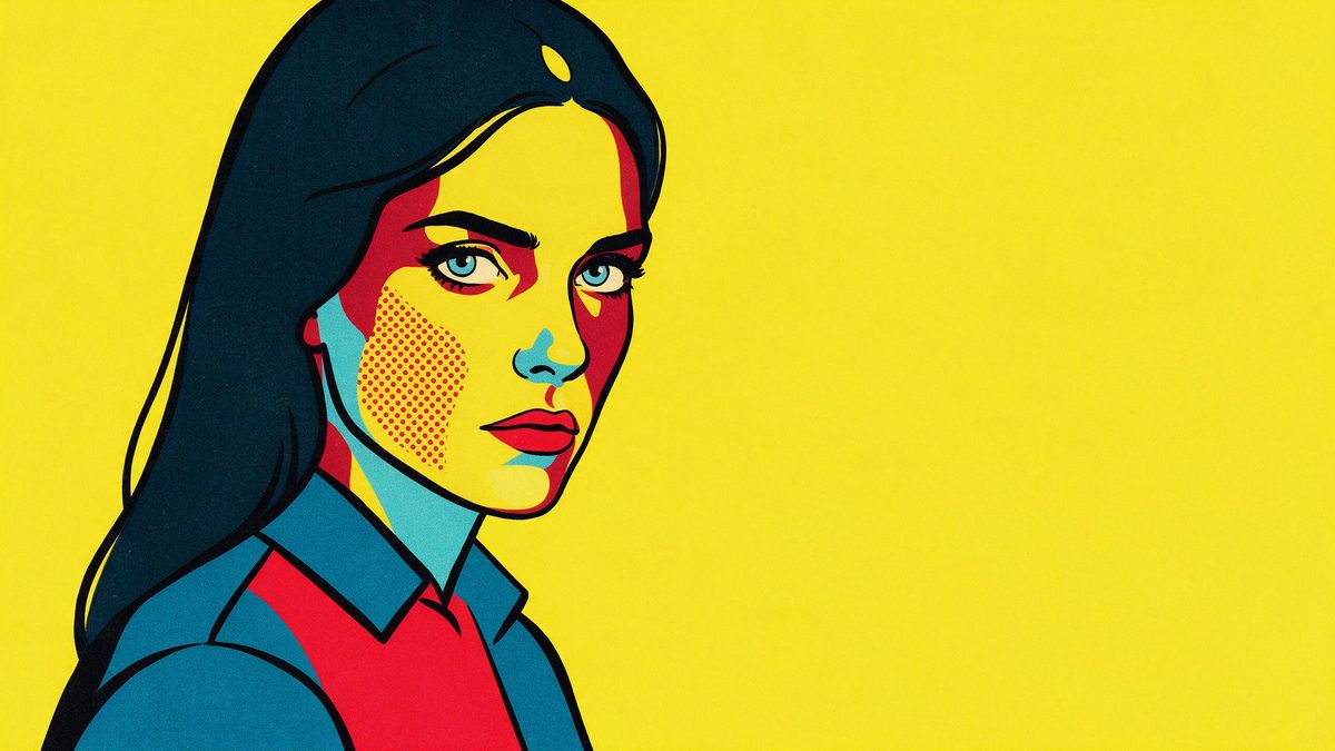 A pop-art portrait of a woman in flat yellow red and cyan with thick outlines and Ben-Day dots across one cheek