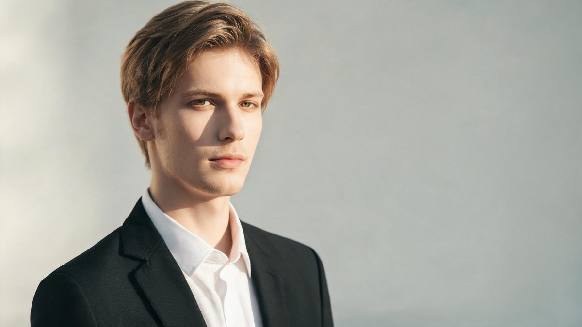A a groom in a wedding suit on a plain surface, lit from one side with soft shadow, broken apart at the moment of the cut