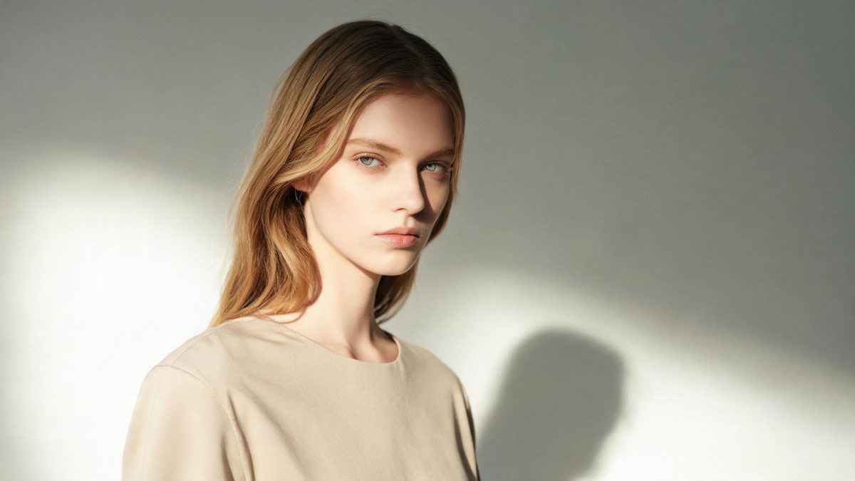 A a fashion model on a plain surface, lit from one side with soft shadow, broken apart at the moment of the cut