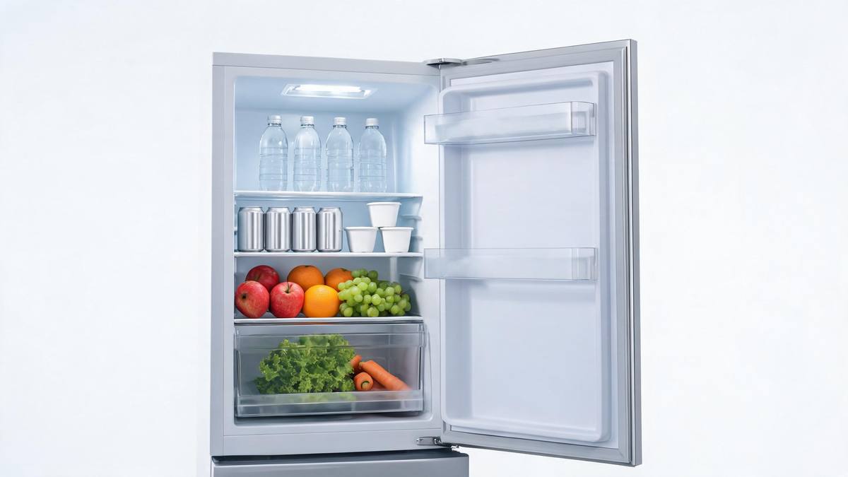An open fridge lit from inside with shelves of plain drinks and food