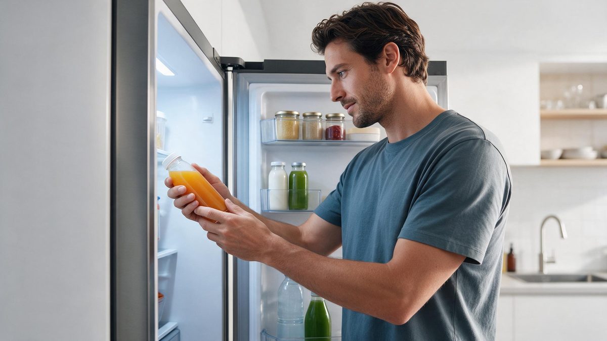 A man taking a drink bottle from an open fridge, cold light from inside falling across his face
