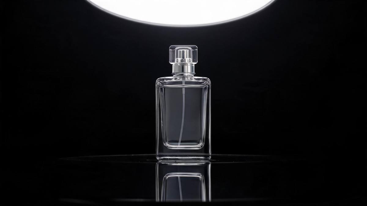 A plain glass perfume bottle on a black surface under a circular softbox light