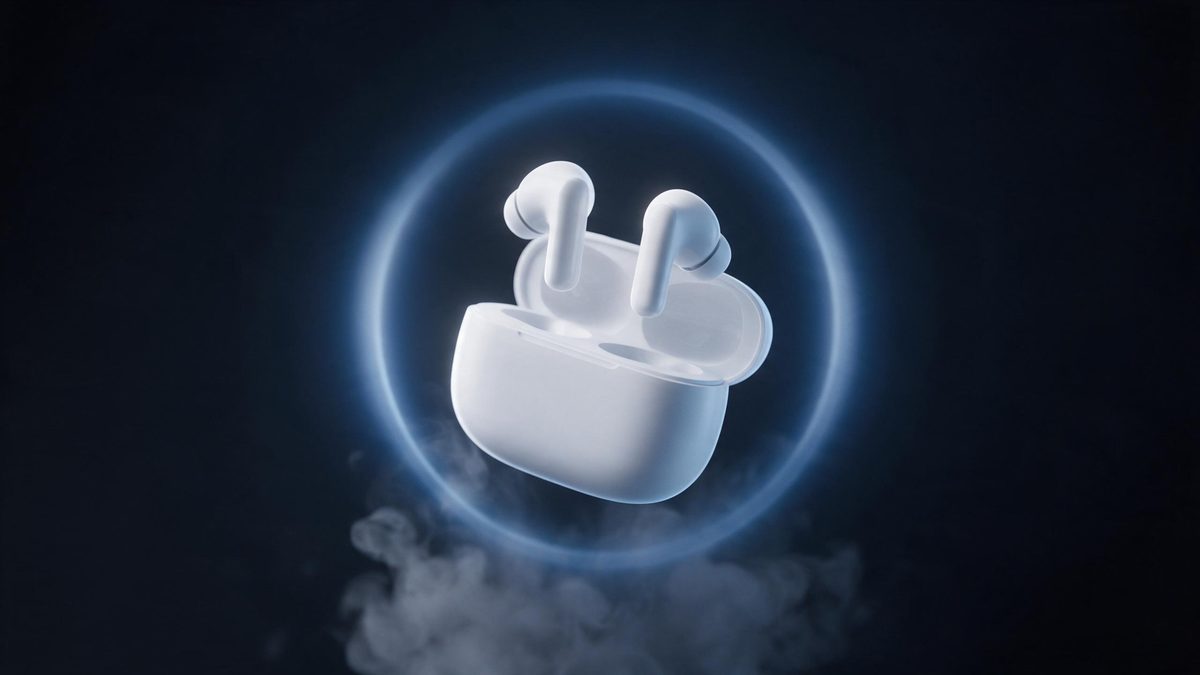 A pair of white wireless earbuds rising from an open charging case inside a ring of soft blue light
