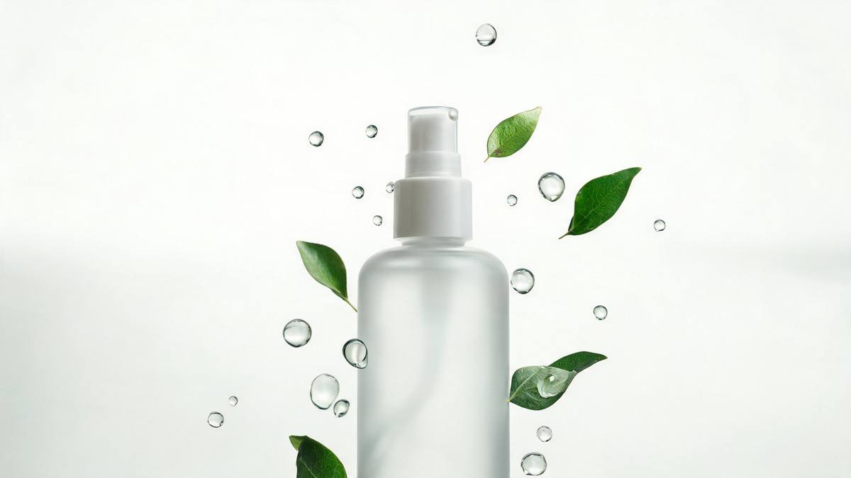A plain skincare bottle surrounded by floating botanical leaves and water droplets