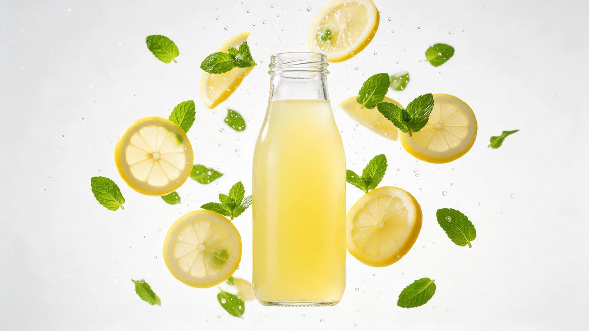 A plain juice bottle surrounded by floating lemon slices and mint leaves with droplets in the air
