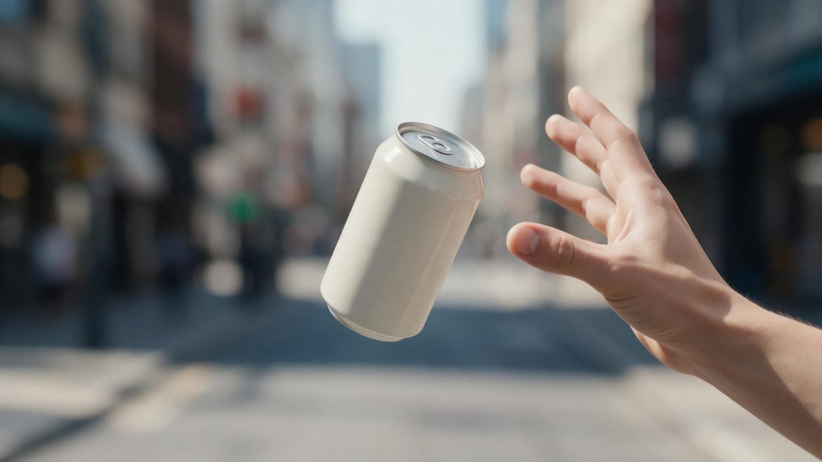 A hand reaching into frame to catch a plain drink can flying through the air against a blurred street