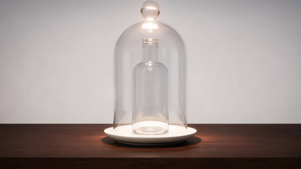 A plain glass bottle presented on a ceramic plate under a cloche on a dark wood table