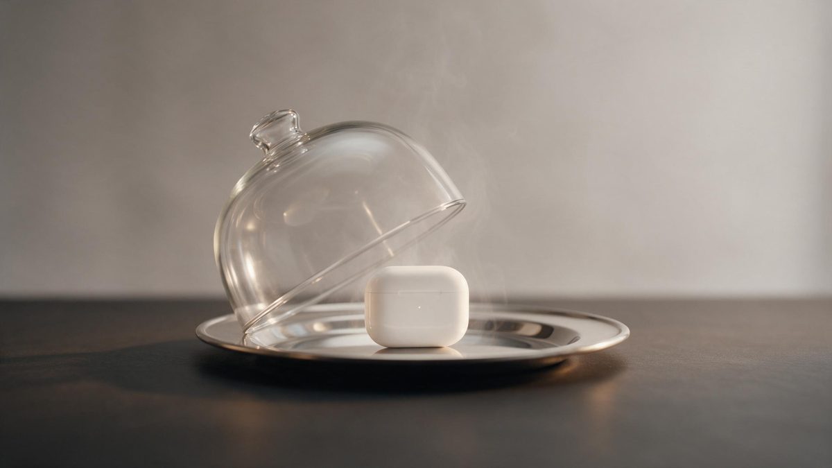 A white earbud case on a silver serving plate under a lifted cloche with steam rising
