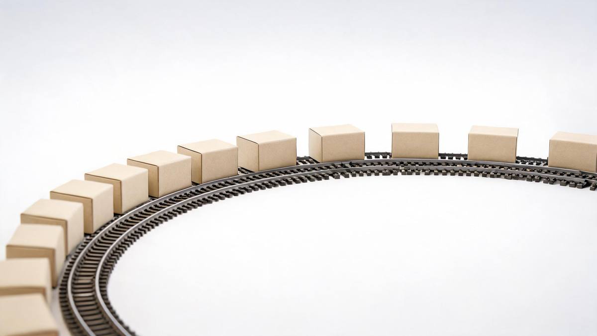 A curved model railway track with plain packages lined up along it