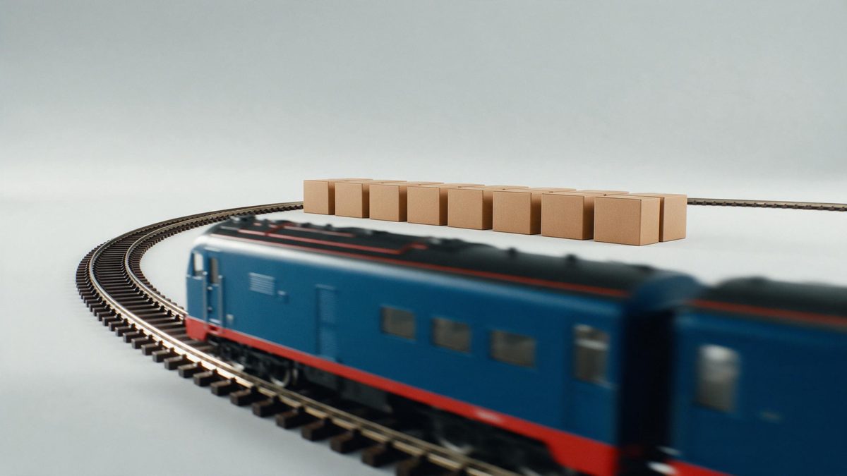 A small model train speeding along a curved track toward a neat row of plain packages