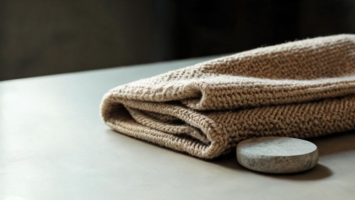 A folded knitted textile beside a stone coaster on a plain surface, the weave clearly lit from the left