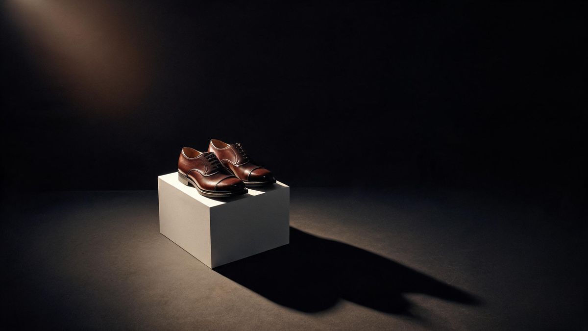 A pair of leather shoes on a white plinth in an empty studio under one hard light and a long shadow