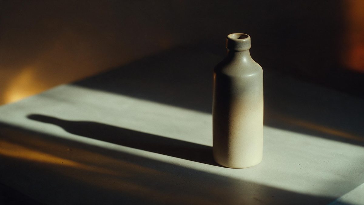 A matte ceramic bottle on a pale grey slab, a hard side light across it and one long shadow falling to the left, nothing else in frame