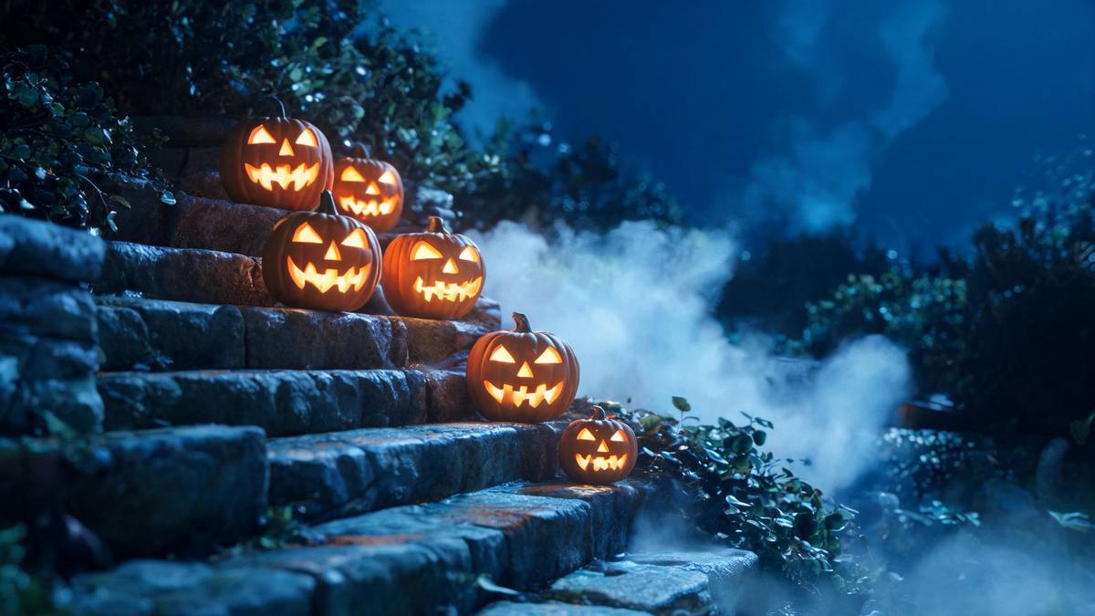 A line of carved pumpkins along a stone garden step, candlelight coming from inside each one