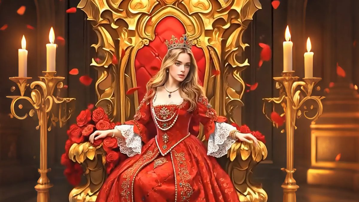 A person in regal attire with a crown, seated on a throne-like setting