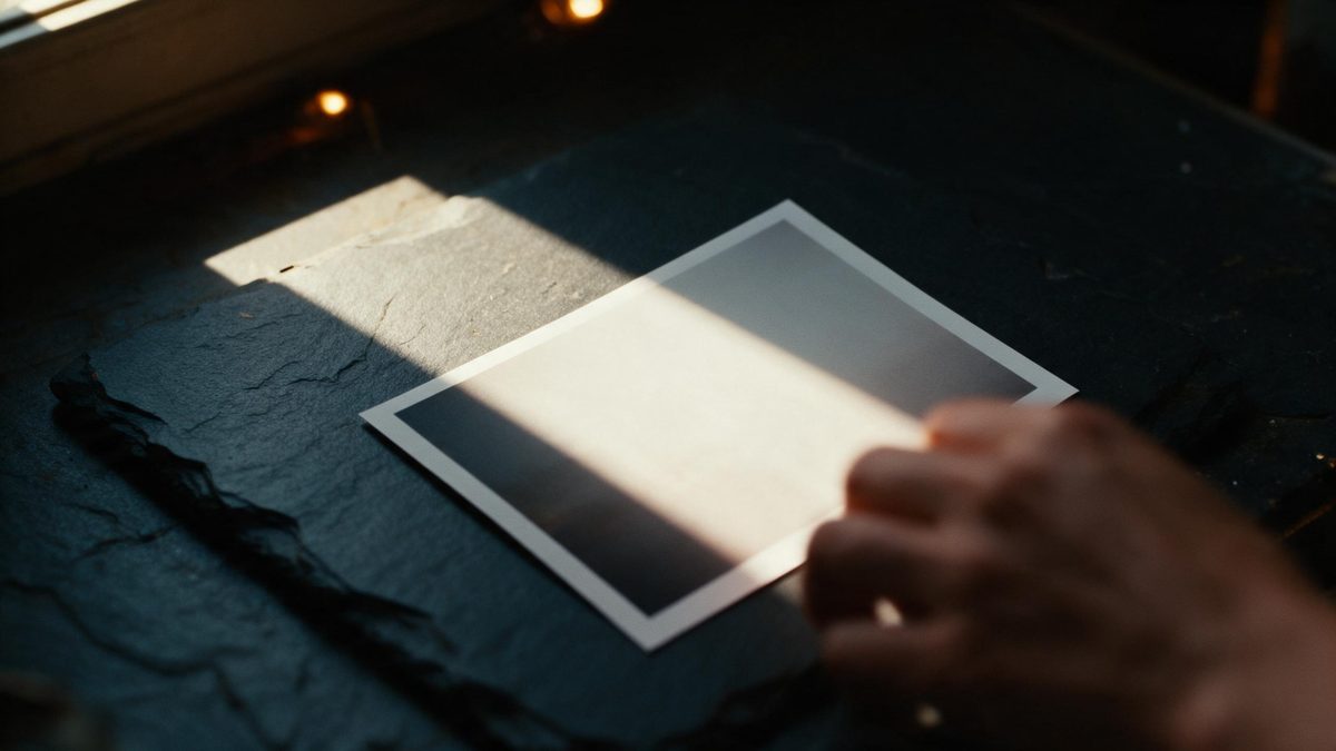 A printed photograph lying face up on dark slate, half of it in sunlight and half in shadow, a blurred hand entering the frame