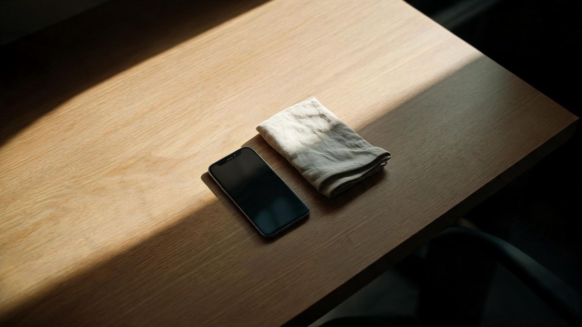 Overhead view of a bare desk with a phone and a folded cloth, hard directional light and one long shadow