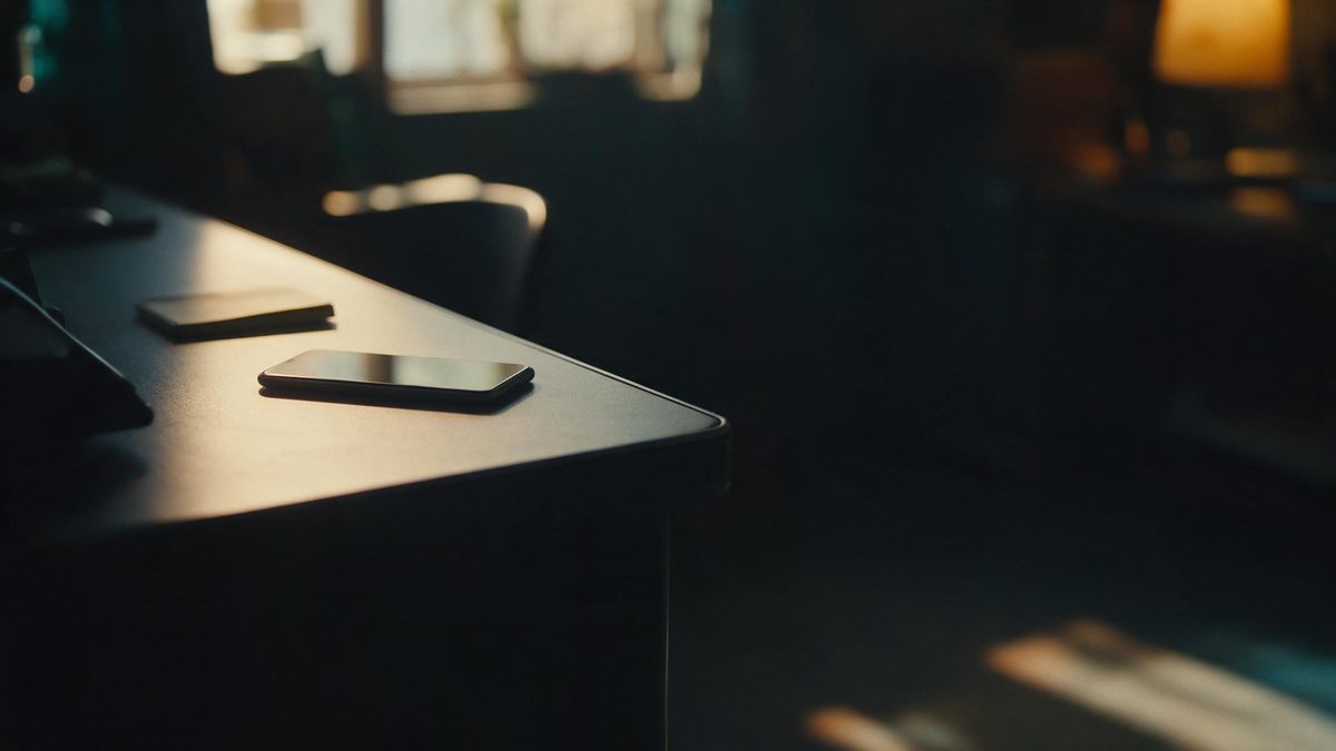 A dark desk with a phone lying face down beside a small notebook, warm side light across the surface, no screen content visible