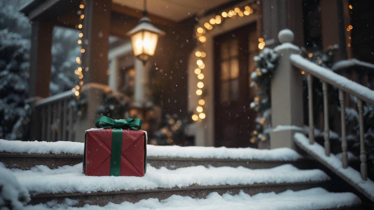 A wrapped gift box with a ribbon on a snowy porch step under a warm door lamp