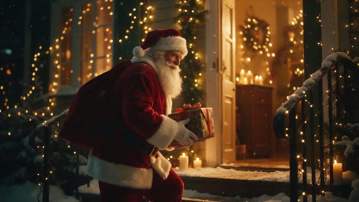 A Santa figure carrying a wrapped gift up the steps of a house on a snowy night