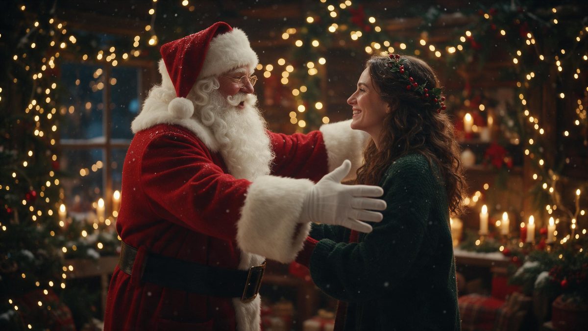 A Santa figure in a red coat opening his arms to hug a woman in a warmly lit room