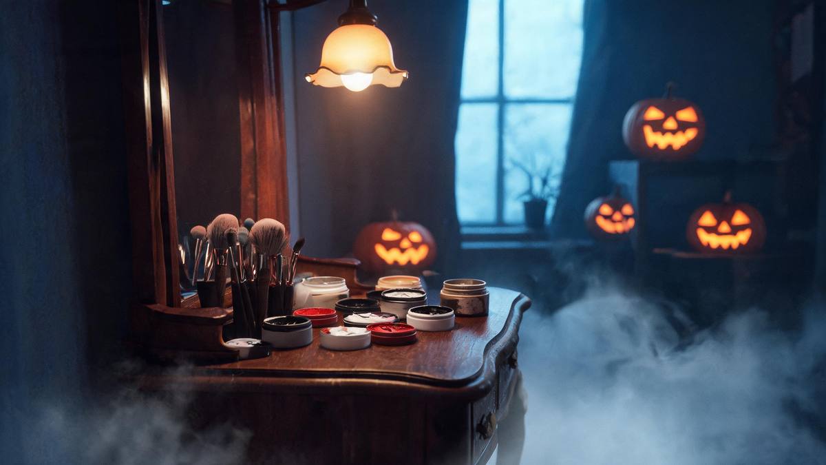 Makeup brushes and open paint pots on a wooden dressing table under one warm lamp