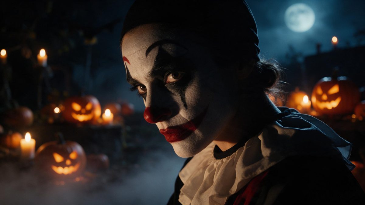 Close-up of a woman in black, white and red clown makeup with one side of her face in shadow