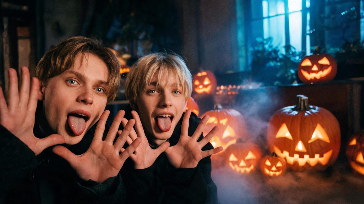 Two people close to the camera pulling exaggerated faces with tongues out and hands raised in warm indoor light