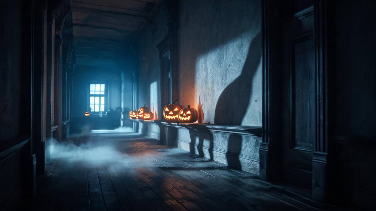 A dim corridor with one long distorted shadow stretched across the floor and wall