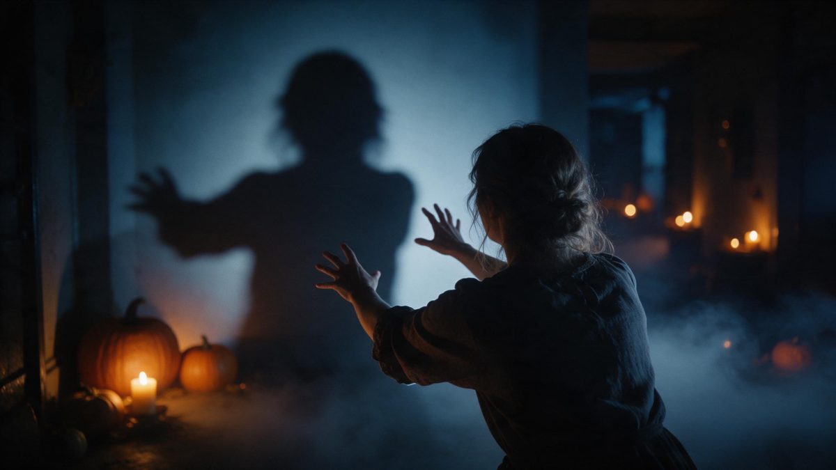 A woman seen from behind in a dim corridor as a huge shadow on the wall reaches out both hands