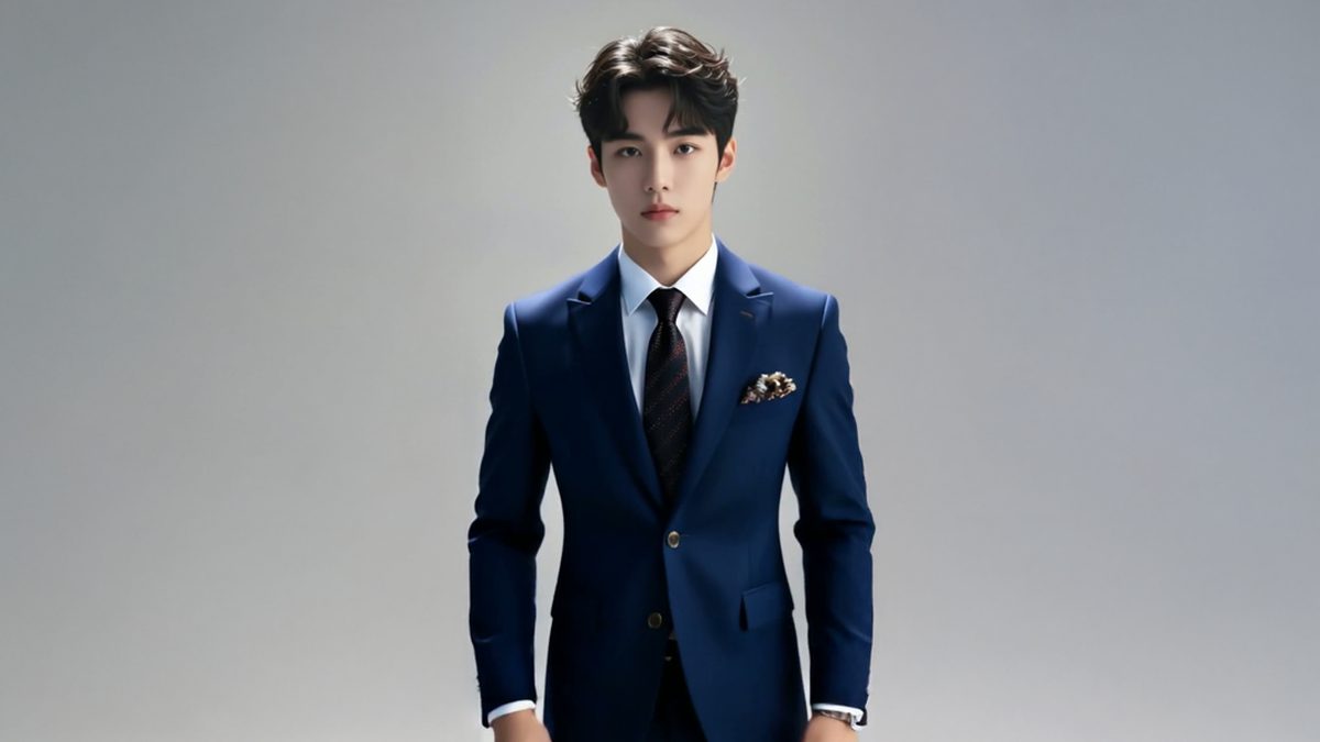 A person in a sharp tailored suit with a stern expression in a moody urban setting