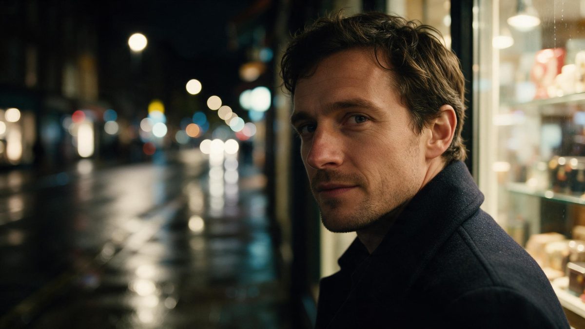 A European man in a dark wool coat in a night street, his face and collar crisp in shop-window light while the wet street behind him dissolves into soft round highlights
