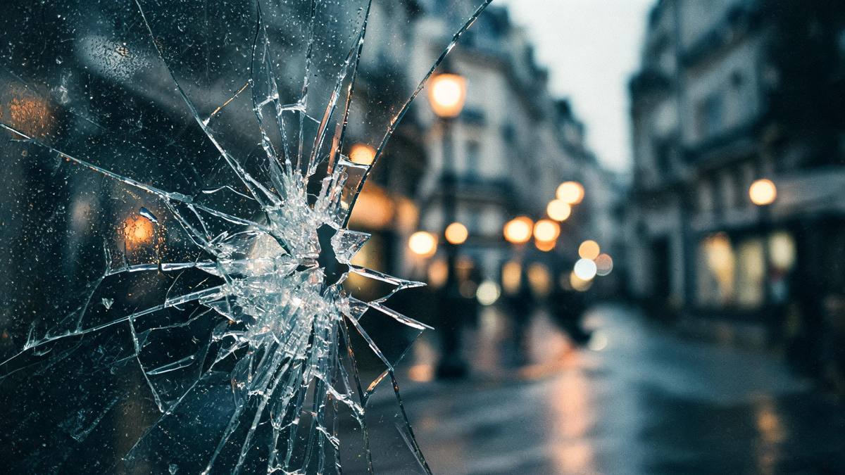 A sheet of cracked glass with sharp shards and a reflective surface, no person