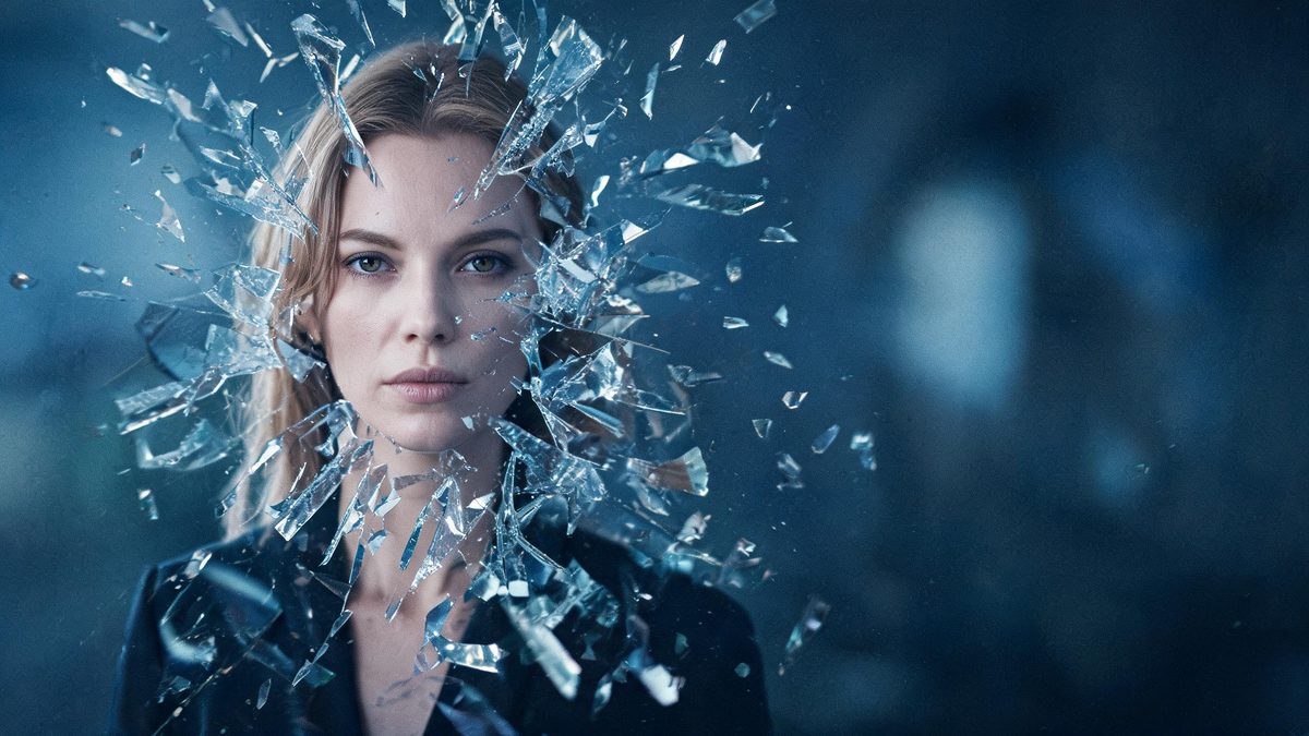 A woman with European features in a front-facing shot, her photograph fracturing into glass shards around her, cool light