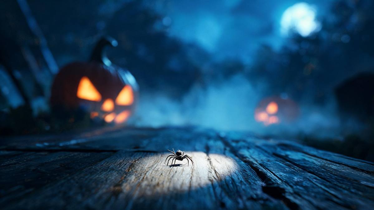 A single dark spider on a weathered wooden surface in a narrow beam of light