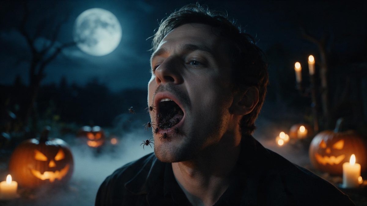 A man with his mouth open as small dark spiders crawl out, lit by cold light from one side