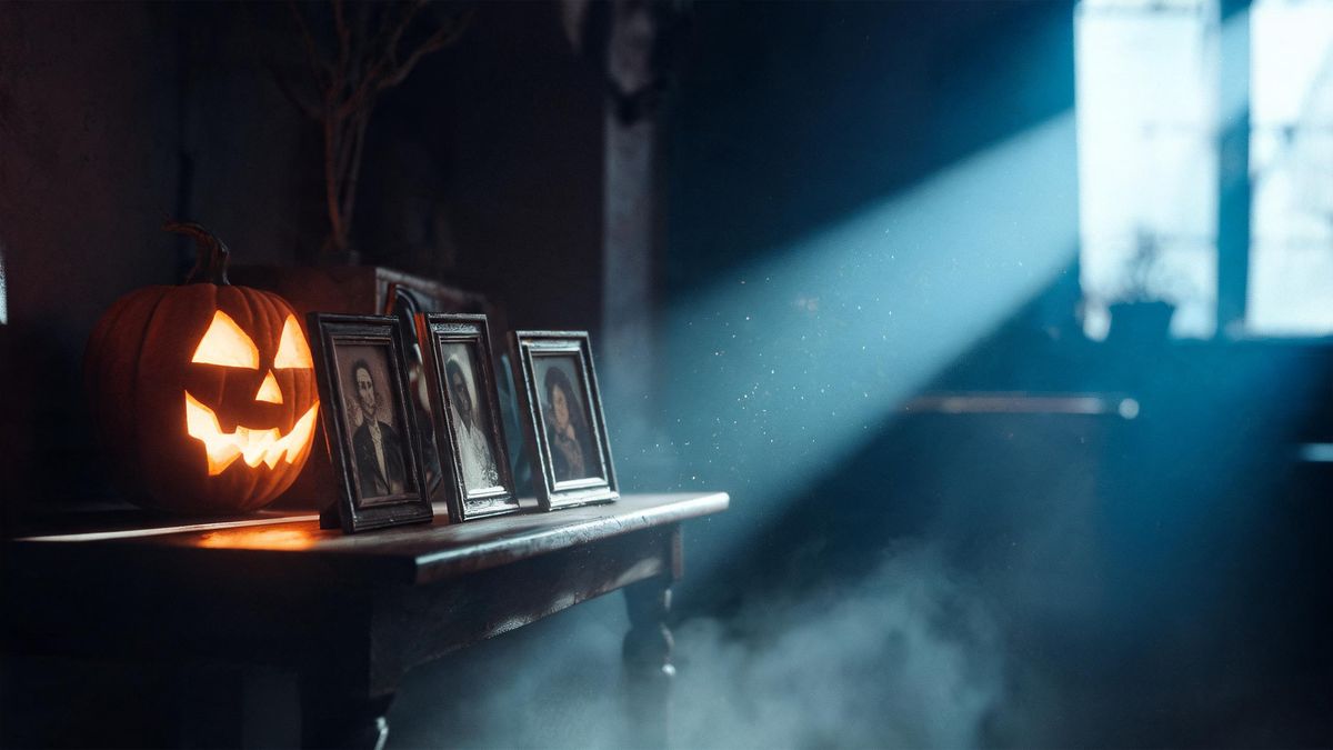 Several old framed photographs on a table in a dim room, dust floating in a beam of light