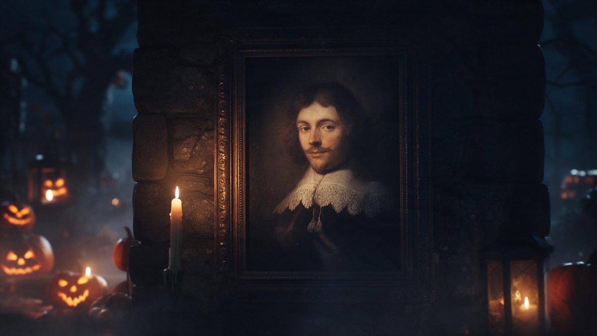 An antique framed portrait hanging on a dark stone wall, candlelight falling across the frame from the left