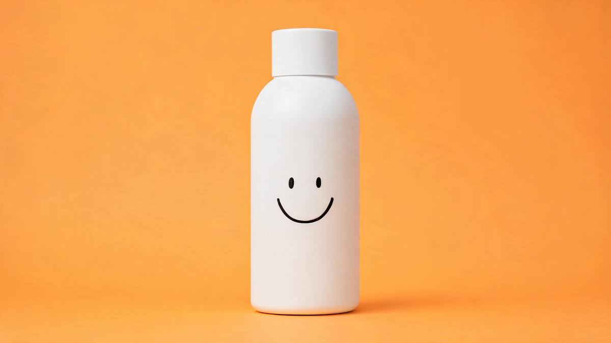 A plain white bottle with a simple drawn smile on a flat orange background