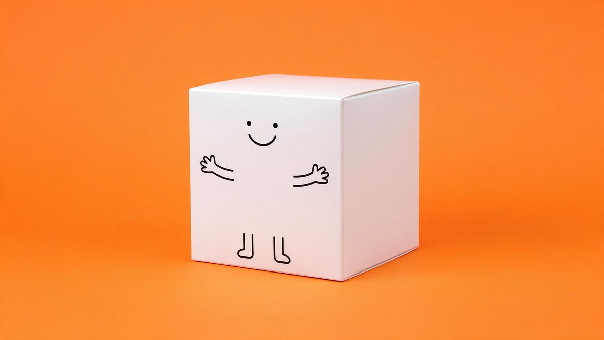A plain white box with drawn black arms, legs and a smiling face on a flat orange background