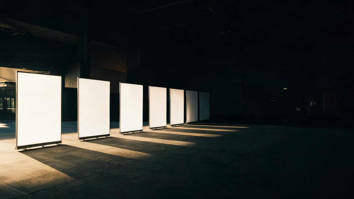 Six identical white presentation boards standing in a receding row in a dark hall with low side light