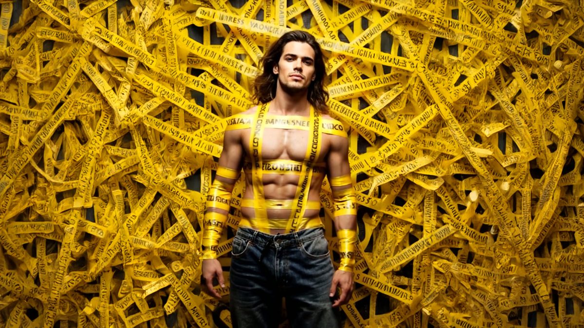 A person wrapped in translucent tape forming a sculptural portrait silhouette
