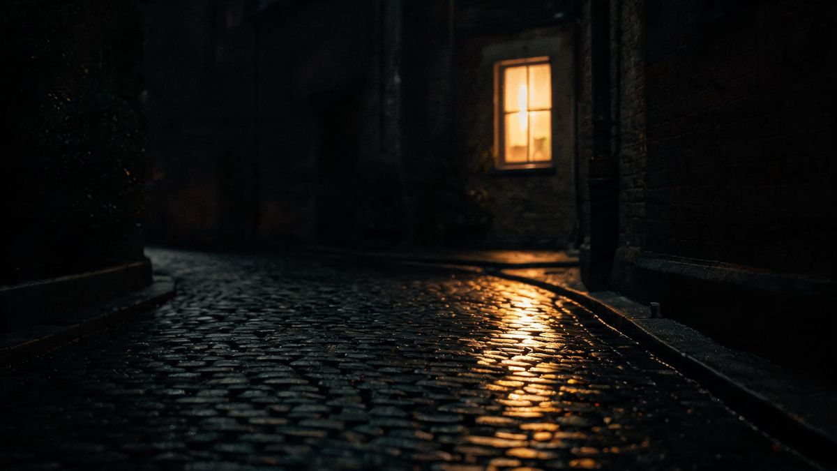 A narrow alley at night with wet cobbles reflecting the glow of one warm window above