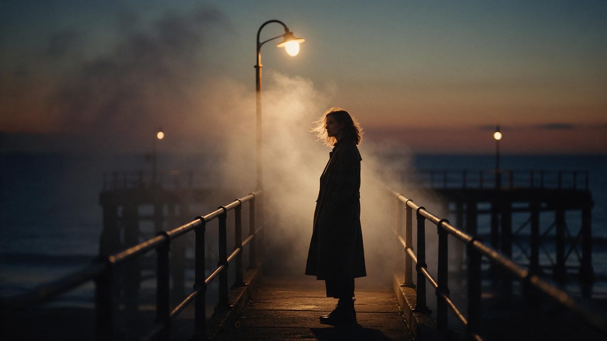 A European woman in a long coat standing at the end of a pier at dusk, sea mist behind her and a single lamp glowing warm
