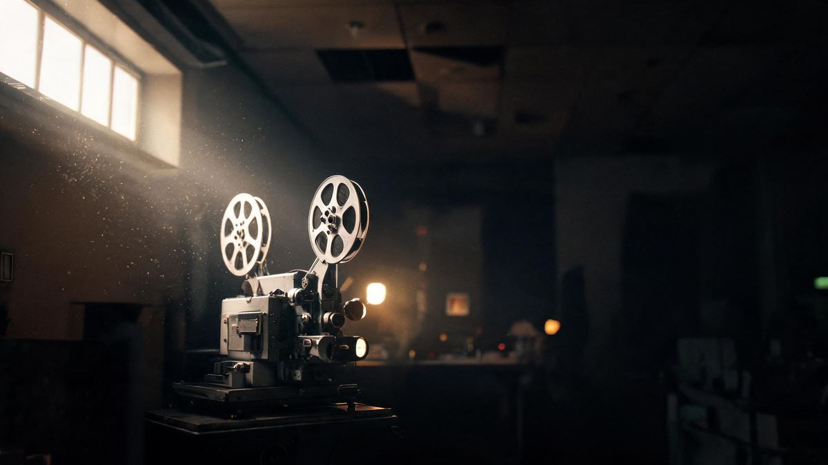 An unloaded film projector in a dim booth, warm light from a small window and dust hanging in the beam