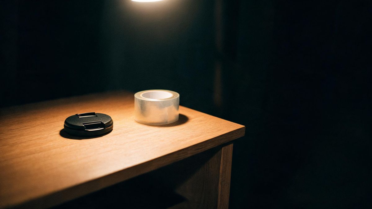 A lens cap and a roll of tape on a bare wooden table in a dark room under one hard light