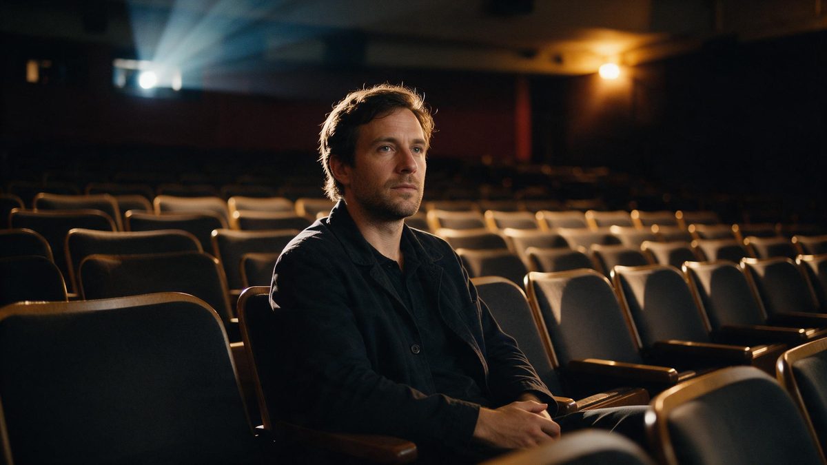 A European man in a dark jacket seated alone in an empty cinema, warm aisle lighting, rows of vacant seats receding behind him